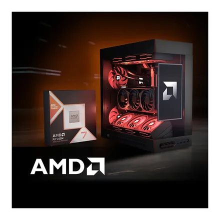 AMD Ryzen 7 9850X3D işlemci kutusu ve oyun bilgisayarı – üretici tanıtım görseli