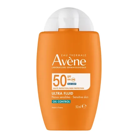Avène Ultra Fluid Oil Control SPF50 turuncu güneş kremi şişesi