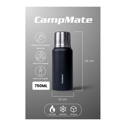 Cooker CampMate 750 ml paslanmaz çelik kamp termosu, 25 cm boy ölçüsüyle – üretici görseli