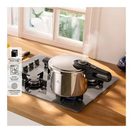 Emsan Fast Cooker 6 litre çift emniyetli düdüklü tencere, yemek servisiyle – üretici görseli