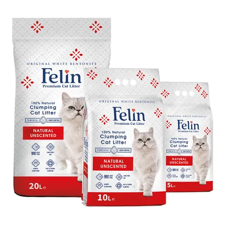 Felin Premium Naturel parfümsüz beyaz bentonit kedi kumu ambalajları