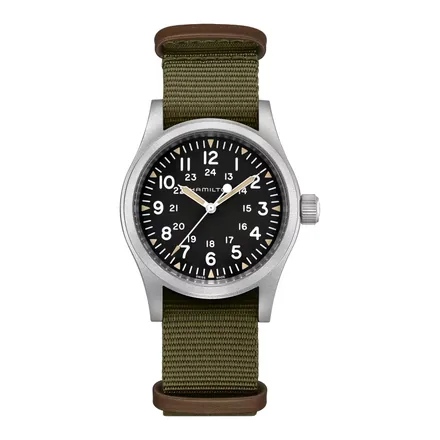 Hamilton Khaki Field Mechanical 38 mm siyah kadranlı yeşil kayışlı saat