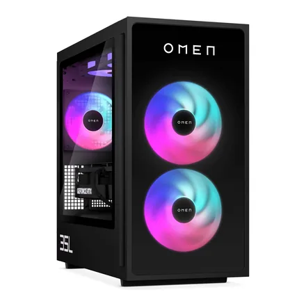 HP OMEN 35L masaüstü oyun bilgisayarı, cam yan panel ve ön fanlar – üretici görseli