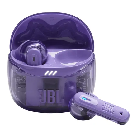 JBL Tune Flex 2 NC kulaklıklar ve şeffaf şarj kutusu, mor – üretici görseli