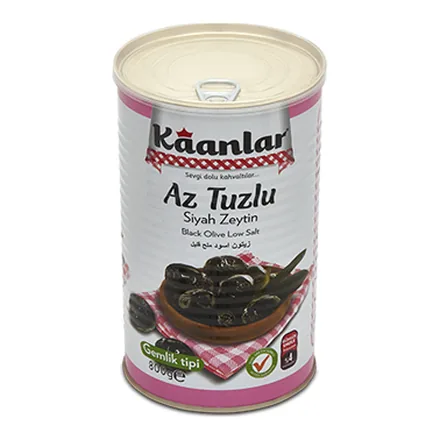 Kaanlar Doğal Salamura Az Tuzlu Siyah Zeytin 800 g ambalajı