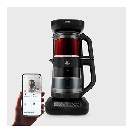Karaca Çaysever Robotea Pro Connect 4 in 1 konuşan otomatik cam çay makinesi ve uygulama ekranı
