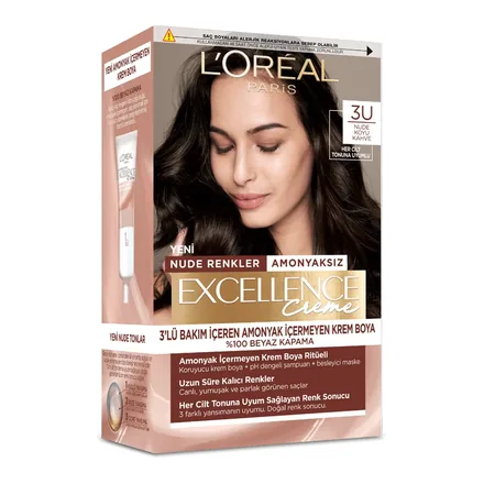 L'Oréal Paris Excellence Creme Nude Renkler 3U Nude Koyu Kahve amonyaksız saç boyası kutusu