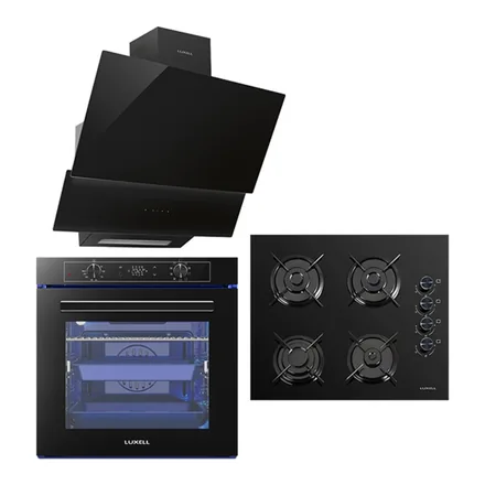 Luxell 88 Lt Platinum siyah cam ankastre set: fırın, ocak ve davlumbaz