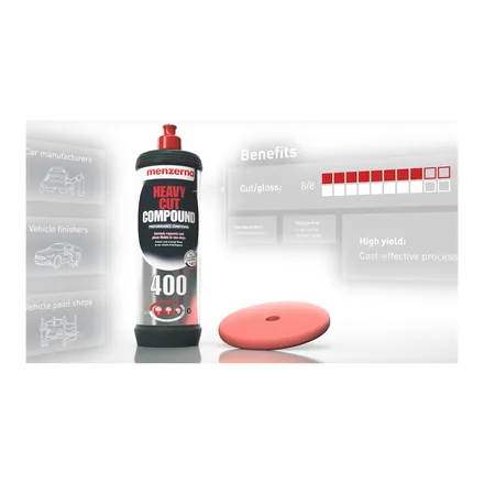 Menzerna Heavy Cut Compound 400 pasta şişesi ve polisaj pedi