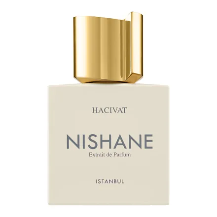 Nishane Hacivat Extrait de Parfum altın kapaklı beyaz kutu ve şişe
