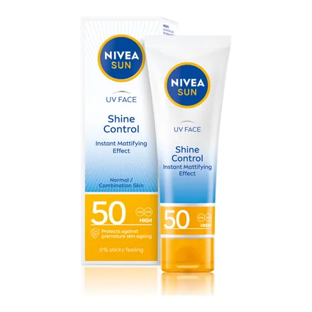 NIVEA SUN UV Face Shine Control SPF 50 güneş kremi tüpü ve kutusu