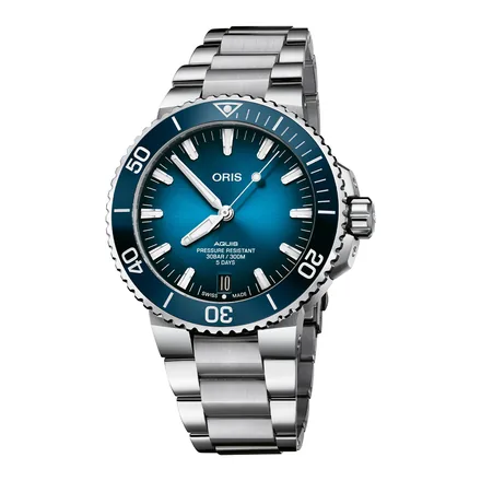 Oris Aquis Date Calibre 400 mavi kadranlı çelik bilezikli dalgıç saati
