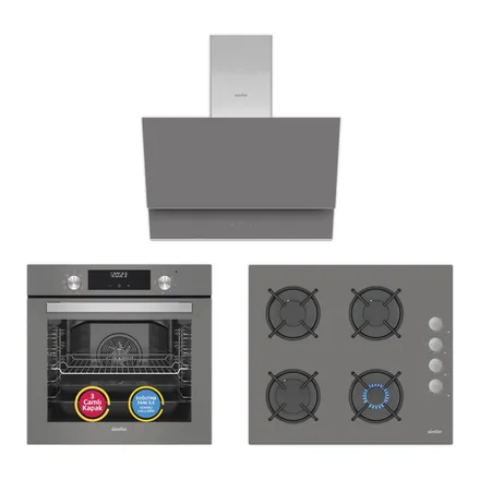 Simfer QS Dijital gri ankastre set: 8223 fırın, 3538 ocak ve 8736 davlumbaz