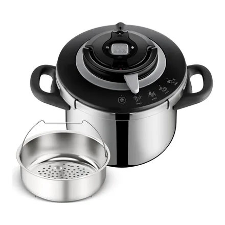 Tefal Clipso+ Chef 6 litre düdüklü tencere, programlı kapak ve buhar sepeti – üretici görseli