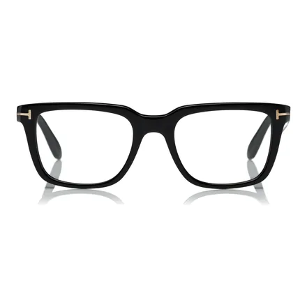 Tom Ford FT5304 siyah kare optik gözlük çerçevesi, sapta metal T logo – üretici görseli