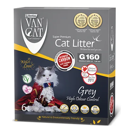 VanCat G160 Grey aktif karbonlu parfümsüz ince taneli kedi kumu 6 L kutusu