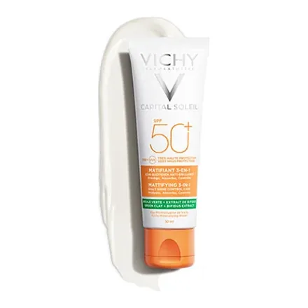 Vichy Capital Soleil Matlaştırıcı Yüz Kremi SPF50+ tüpü ve krem dokusu