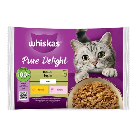 Whiskas Pure Delight Dilimli Seçim tavuklu ve somonlu poşet yaş kedi maması ambalajı