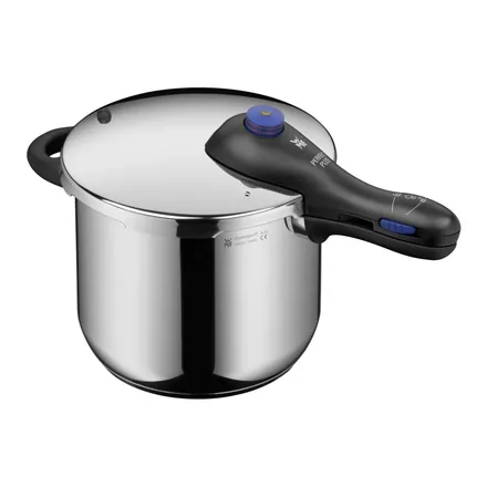 WMF Perfect Plus 6,5 litre düdüklü tencere, parlak çelik gövde ve siyah sap – üretici görseli